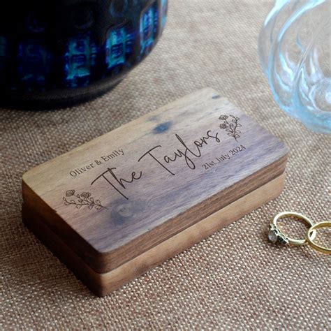 Personalised Wedding Ring Box Engraved Flowers Dark Wood Always Personal