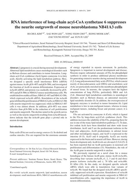 Rna Interference Of Long Chain Acyl Coa Synthetase Suppresses The