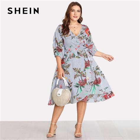 SHEIN Surplis Wrap Floral Rayé Robe 2018 D été Profonde V cou Évêque