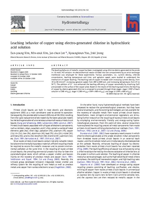 Leaching Behavior Of Copper Using Electro Generated Chlorine In