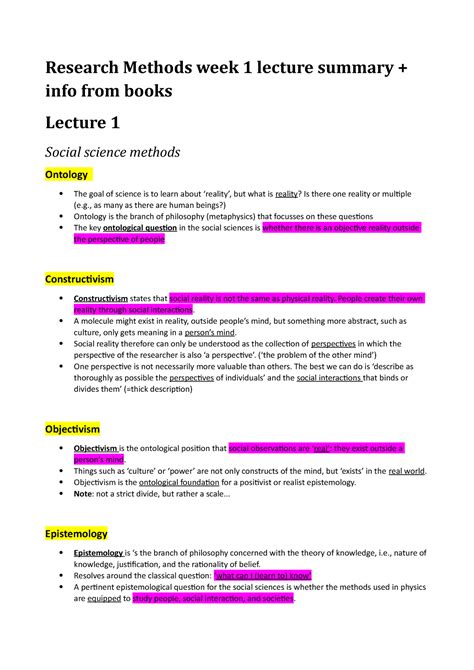 RM Week 1 Lecture Notes Research Methods Week 1 Lecture Summary