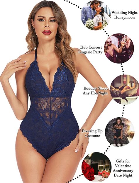 Avidlove Women Sexy Lace Bodysuit Teddy Snap Crotch One Piece Lingerie Navy Bluenavyxxl