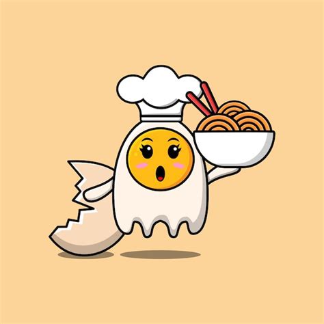 Premium Vector Cute Cartoon Fried Eggs Chef Character Holding Noodles