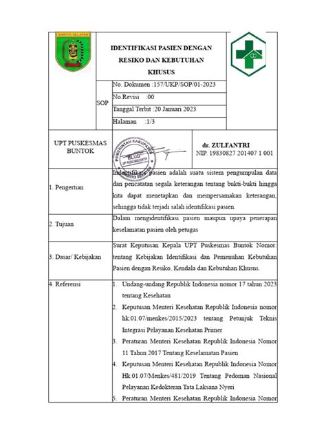 Sop Identifikasi Dan Pemenuhan Kebutuhan Pasien Dengan Resiko Kendala