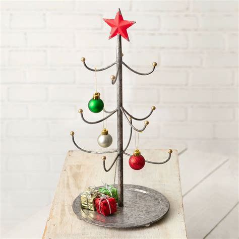 Galvanized Metal Mini Christmas Tree Display Stand With Red Star Tabletop Decor Cwt