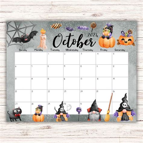 Editable October Calendar Cute Gnomes Printable Works Monthly