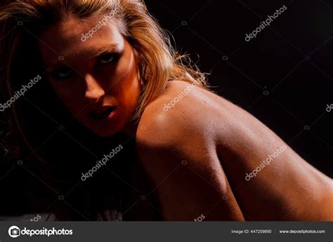 Attractive Blonde Lingerie Model Poses Studio Environment Stock Photo