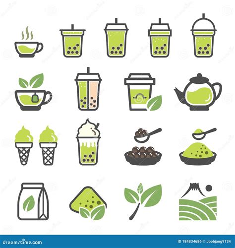 Green Tea Bubble Milk Tea Pearl Milk Tea Icon Set Stock Vector