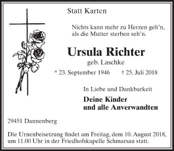 Traueranzeigen Von Ursula Richter WirTrauern