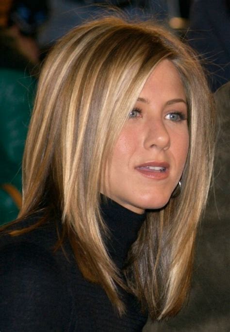 Jennifer Aniston's sleek ironed hair with natural blended highlights