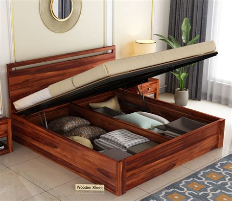 Buy Bacon Sheesham Wood Hydraulic Bed With Storage King Size Honey