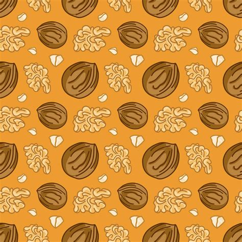 Vector Seamless Pattern Of Cartoon Walnuts On A Yellow Background The