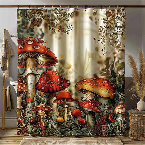 Whimsical Mushroom Landscape Shower Curtain Cartoon Style Detailed