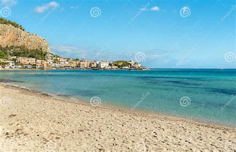 View Of Mondello Beach Is A Small Seaside Resort Near Center Of City Palermo Sicily Stock