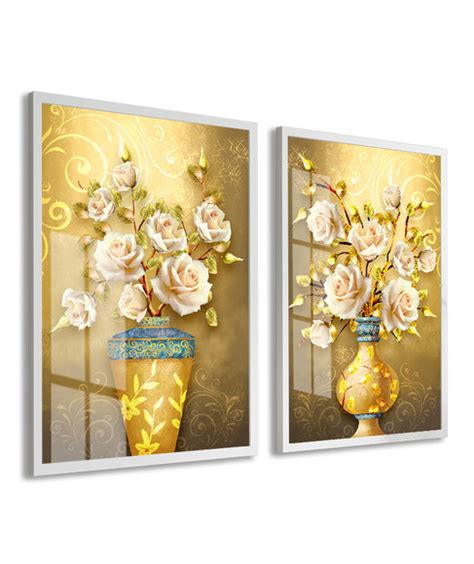 Quadro Decorativo Vaso De Flores Dourada Luxo Vidro Sala