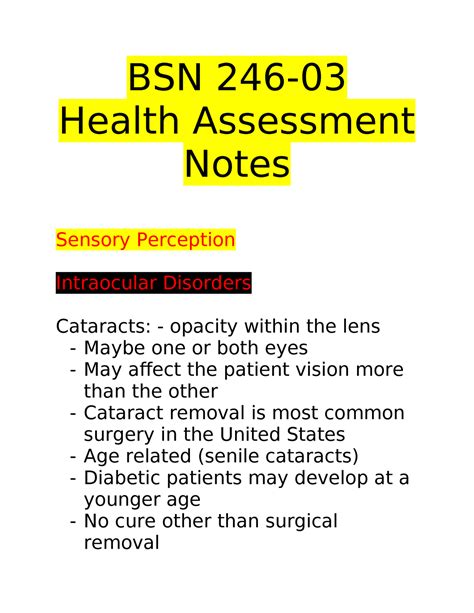 Bsn 246 Study Notes Bsn 246 Health Assessment Notes Sensory