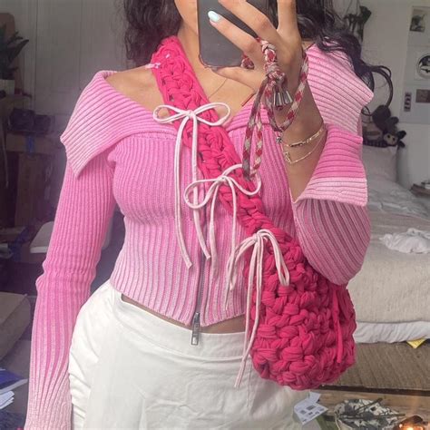 Crochet Crossbody Hot Pink Sling Bag With Pale Pink Depop