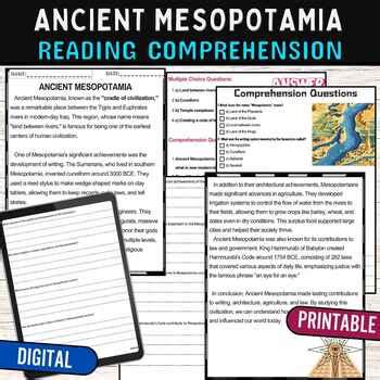 Ancient Mesopotamia Reading Comprehension Passage Quiz Digital And