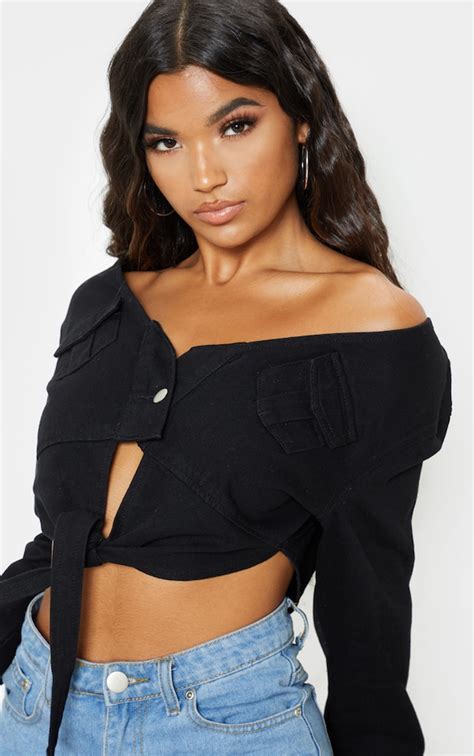 Washed Black Tie Front Crop Top Denim Prettylittlething