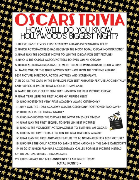 Free Printable Oscar Trivia Game Oscar Trivia Oscars Theme Party Trivia