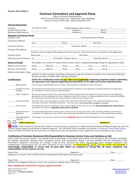 Fillable Online Uh Contract Coversheet And Approval Form University