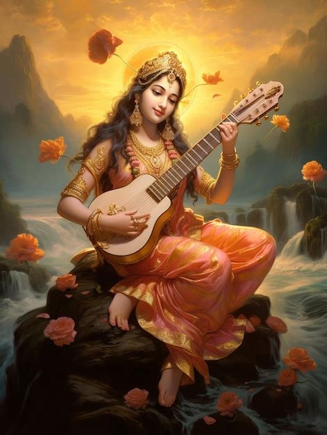 Premium AI Image Illustration Of Saraswati Devi Goddess Happy Vasant