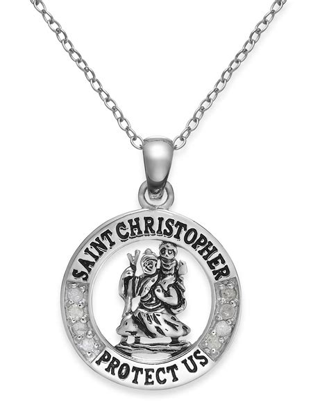 Macy S Diamond Saint Christopher Pendant Necklace In Sterling Silver 1 10 Ct T W In Metallic