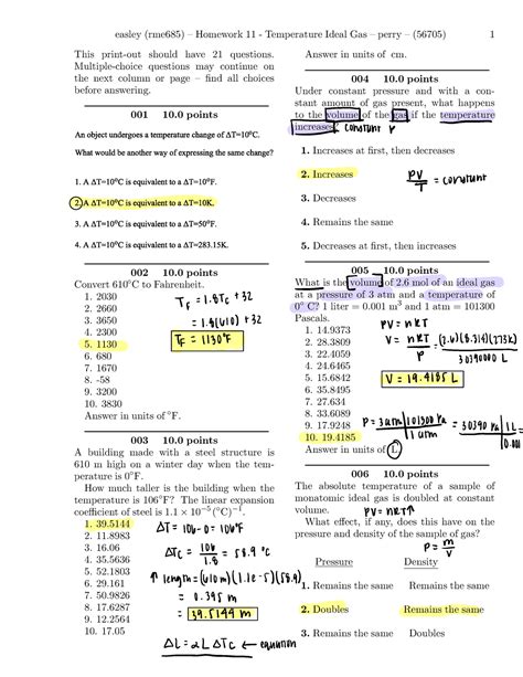 Hw 11 Quest Homework 11 PHY 302K Temperature Ideal Gas Fall 2021 Dr