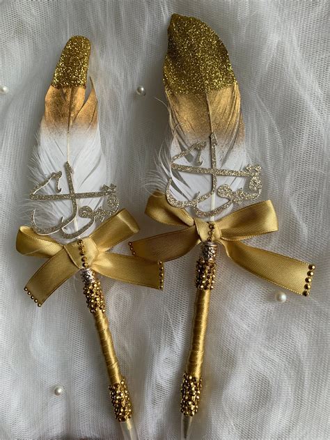 2 Gold And White Feather Gold Glitter Qabool Hai Ribbon Nikkah Pens