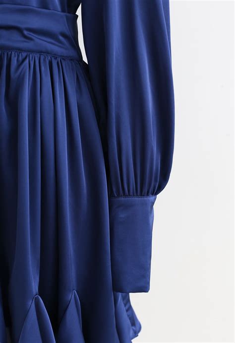 High Neck Puff Sleeves Satin Ruffle Dress In Navy Retro Indie And