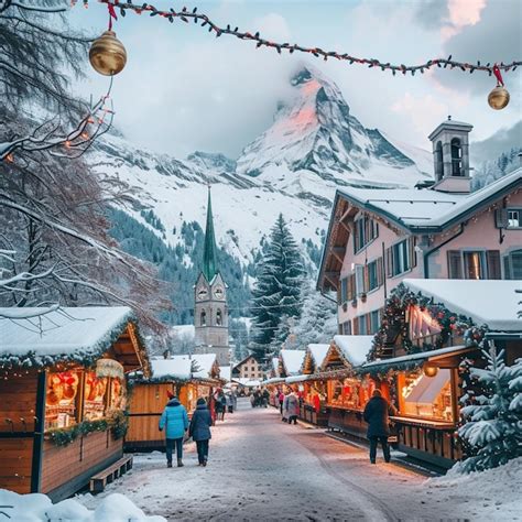 Premium Photo Snowy Village With Alpine Mountain Christmas Markets In