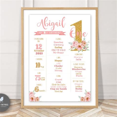 First Birthday Poster Pink And Gold Confetti Board Floral Etsy