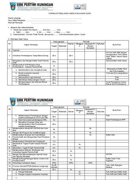 Formulir Penilaian Kinerja Guru Revisi 060422 Pdf