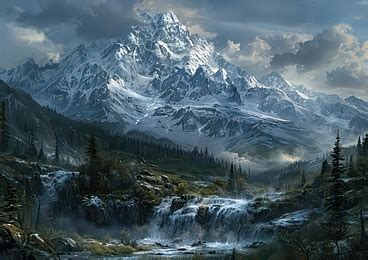 A Majestic Mountain Landscape With Snow Capped Peaks And Cascading