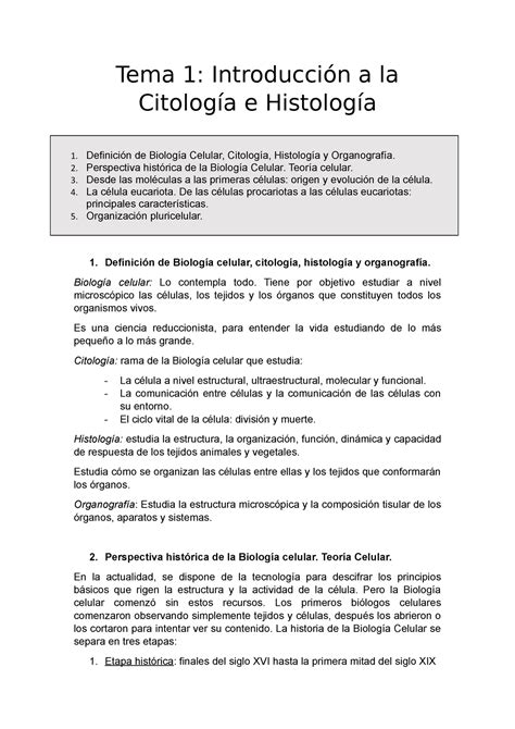 Tema 1 Citología Lecture Notes 1 Tema 1 Introducción A La Citología E Histología