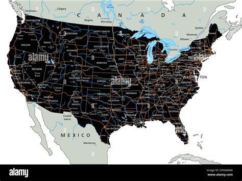 High Detailed United States Of America Road Map With Labeling Stock