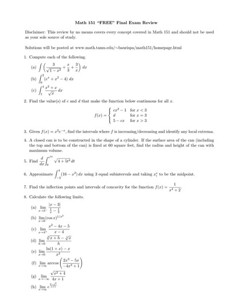 Math 151 FREE Final Exam Review