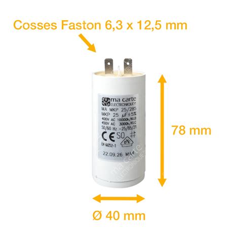 Condensateur 25uF µF démarrage permanent pour moteur Cosses