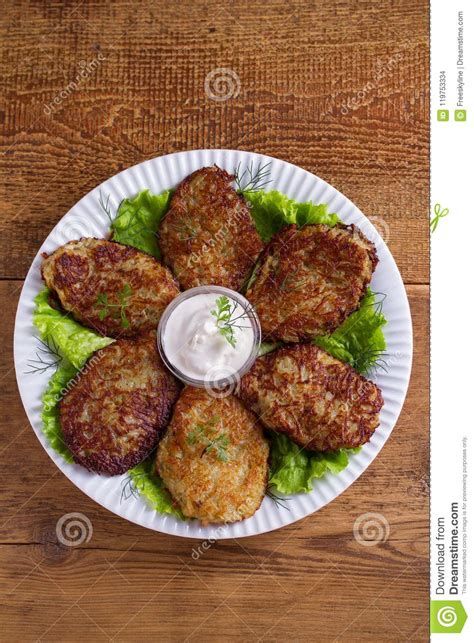 Potato Pancakes With Sour Cream Or Yogurt Vegetable Fritters Latkes