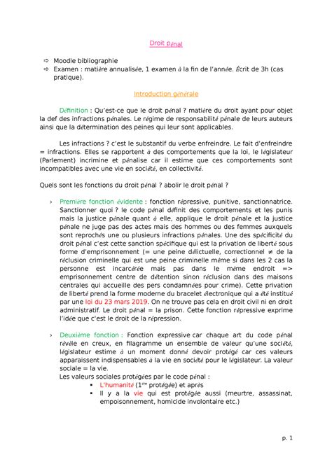 Droit pénal Droit pénal Moodle bibliographie Examen matière