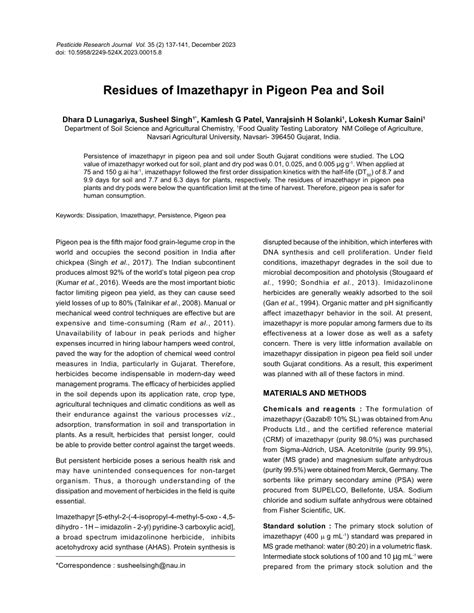 Pdf Residues Of Imazethapyr In Pigeon Pea And Soil