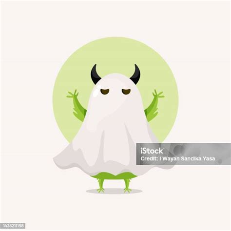 Cute Green Monster In Halloween Ghost Costume Cartoon Illustration