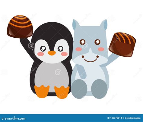 Cute Hippo And Penguin Chocolate Sweet Candies Stock Vector