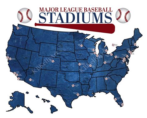 Major League Baseball Stadium Map Mlb Push Pin Map Ballpark Stadium Tracker Checklist Baseball