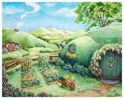 Hobbit Garden Fine Art Print Lord Of The Rings Watercolor Etsy