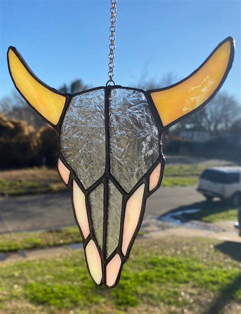 Bull Cow Cattle Skull Suncatcher Stained Glass Window Decor Etsy