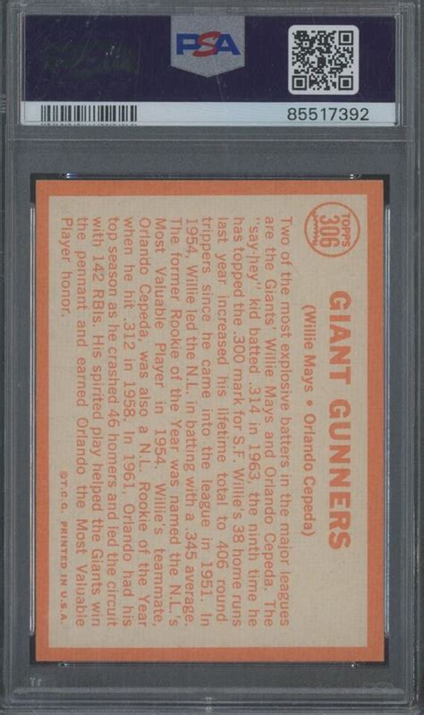 Topps Giants Gunners Willie Mays Orlando Cepeda Hof Psa Nm