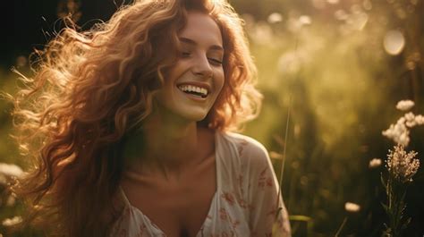 Premium Photo Joyful Woman Laughing Surrounded By Lush Nature At Golden Hour