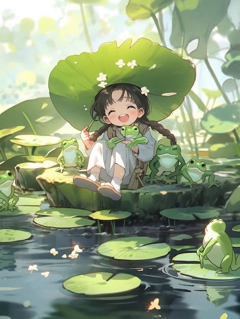 Premium Ai Image There Is A Girl Sitting On A Lily Pad With A Frog