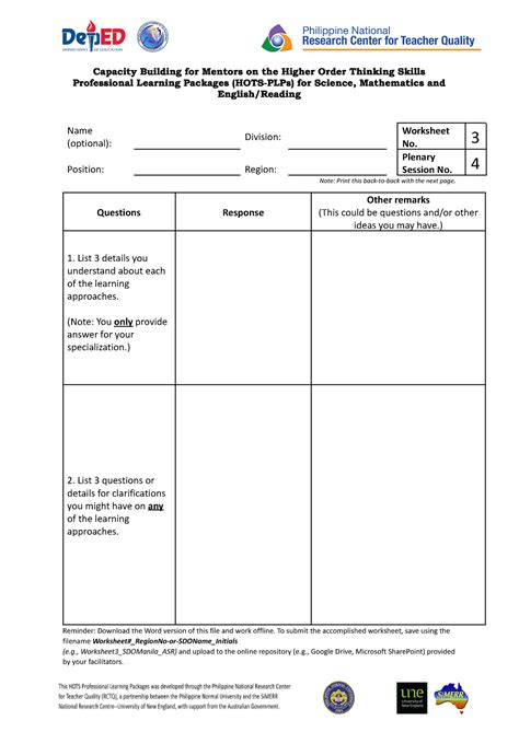 Session Worksheet Capacity Building For Mentors On The Higher